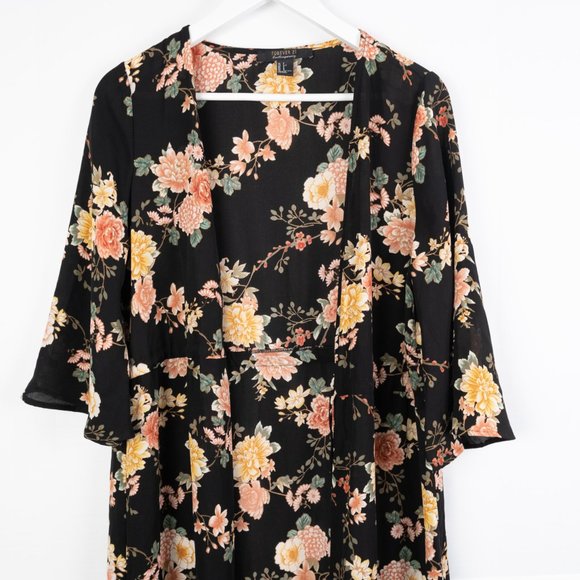 FOREVER 21 Contemporary black floral cardigan full length long kimono size S - Picture 4 of 10